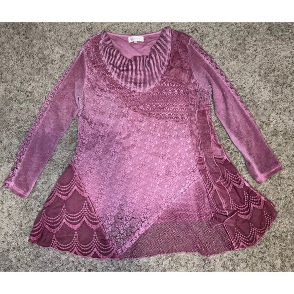 Womens Tunic Blouse Mauve Pink Floral Lace Cowl Asymmetric Fairy Lagenlook LARGE - Picture 2 of 13